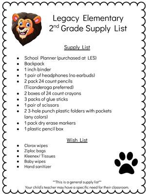 2nd grade supply list